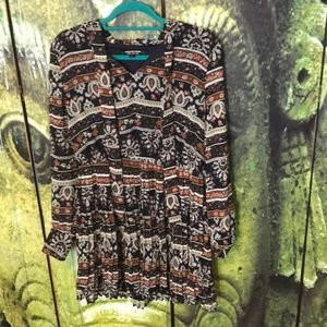 Long sleeve blouse tunic boho print with tie neck